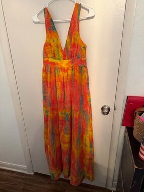 Tie-Dye V-Neck Maxi Dress in Orange and Yellow